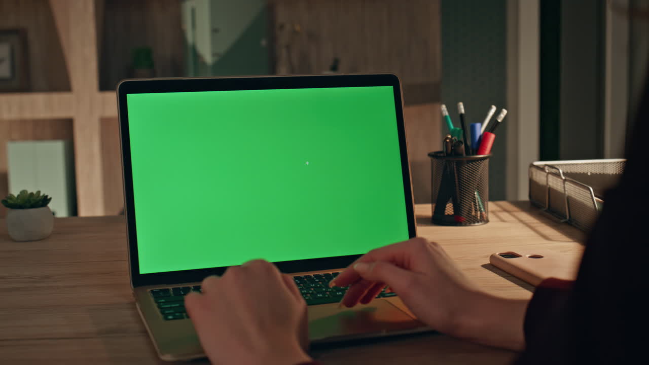 Startuper looking greenscreen laptop browsing website at home office close up.