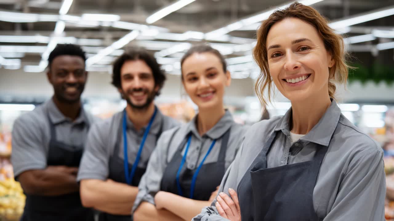 A diverse team of smiling employees showcases unity and professionalism in a modern grocery store, exuding positivity and teamwork while engaging customers and creating a welcoming atmosphere
