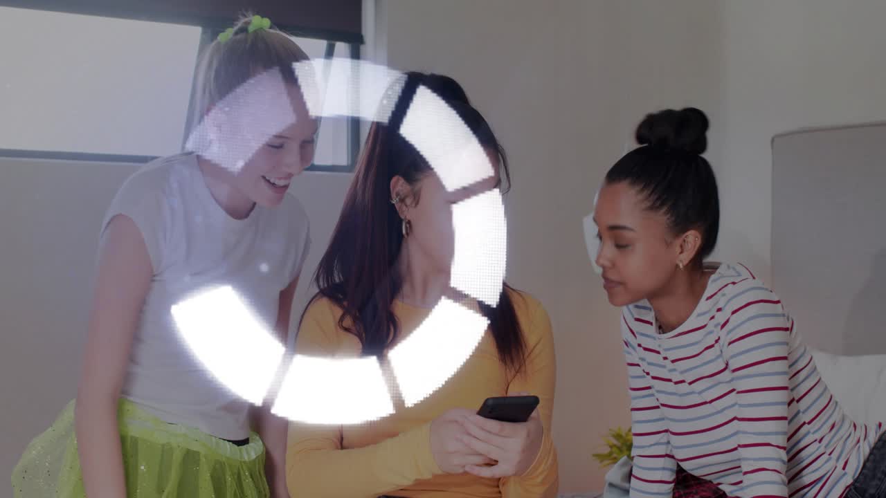 Center teen tapping phone for social content, friends leaning in, circular overlay covering faces