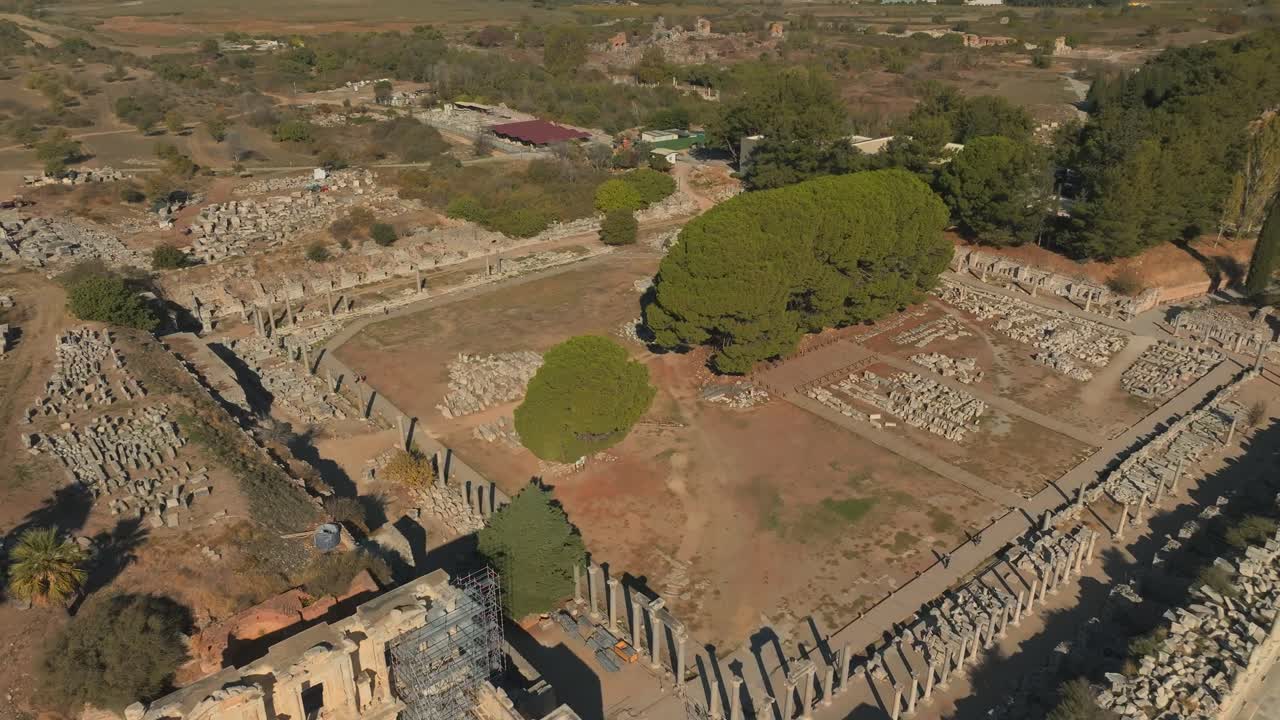 Aerial drone view of Ephesus, historical area with stone ruins and green trees, sunny day, turkey