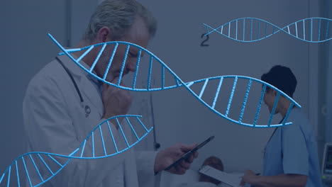 dna strands animating over medical professionals working in hospital