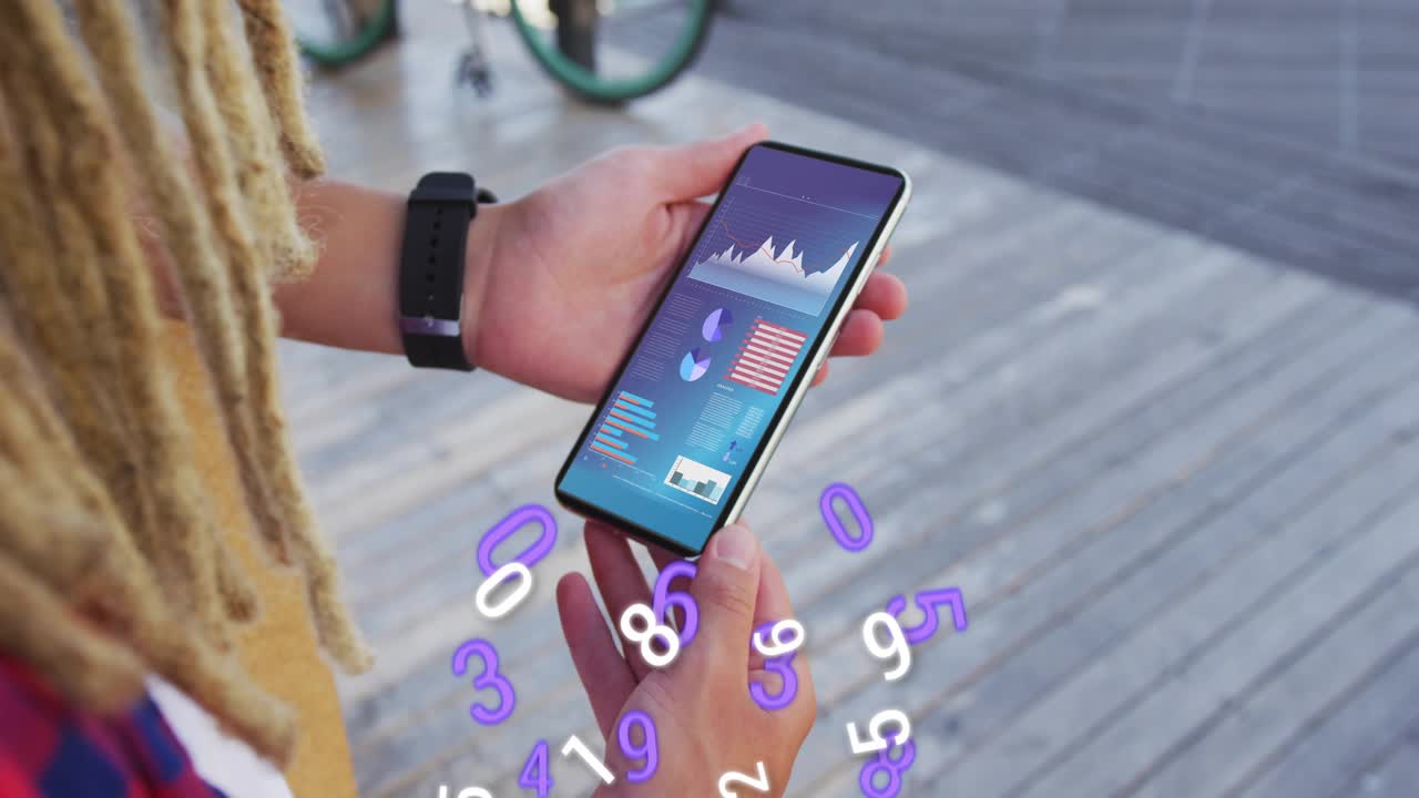 Adult holding smartphone on boardwalk with digits materializing swirling orbiting visualizing data