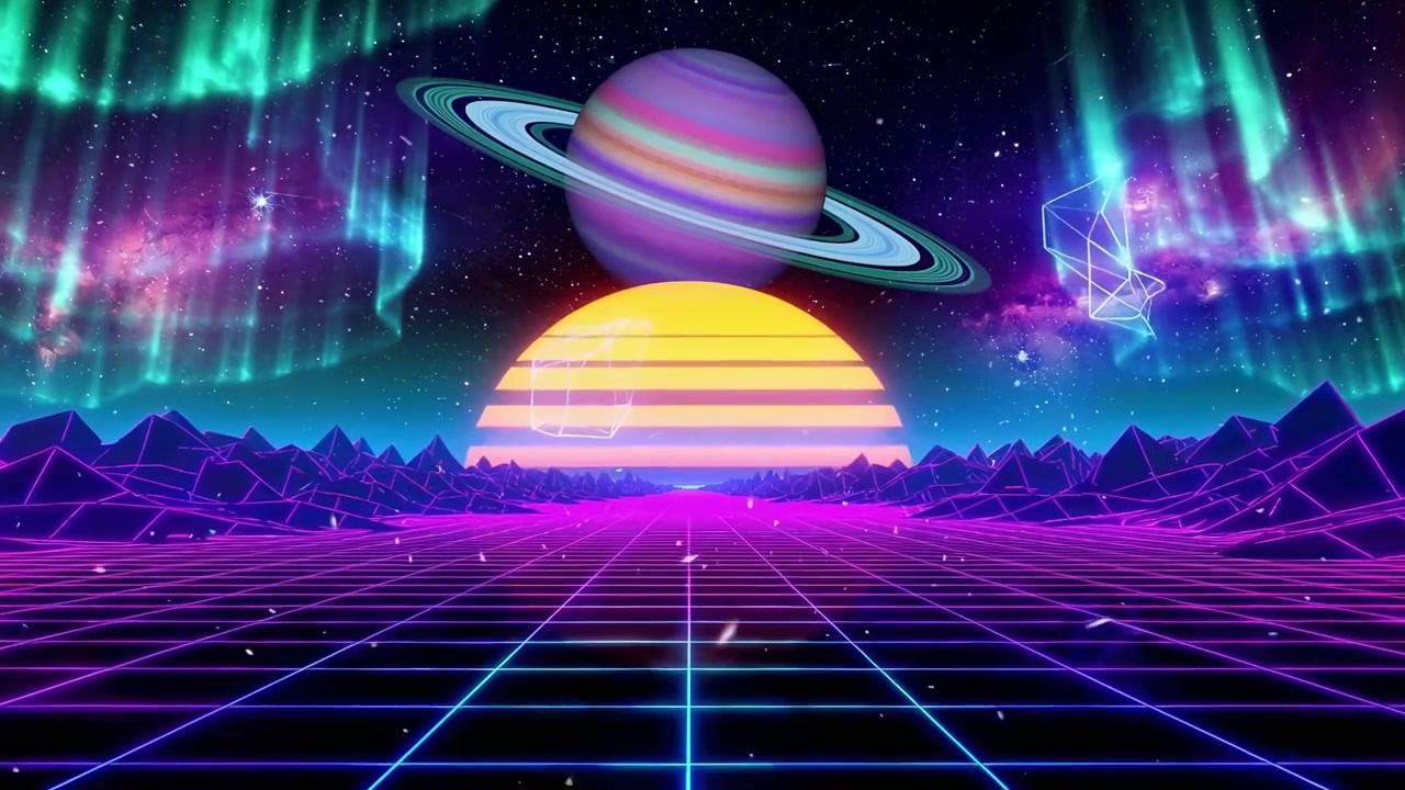 Paesaggio spaziale retro synthwave con griglia al neon e aurora