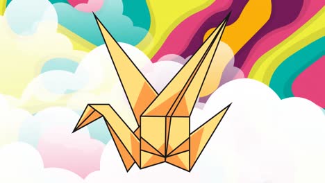 Animation-of-origami-bird-over-neon-retro-pattern