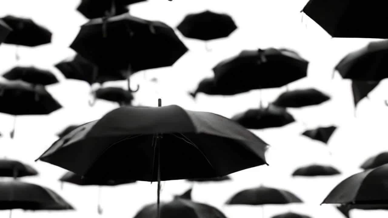 A Captivating Display of Floating Black Umbrellas Against a White Background, Creating an Enigmatic and Artistic Atmosphere in This Unique Installation