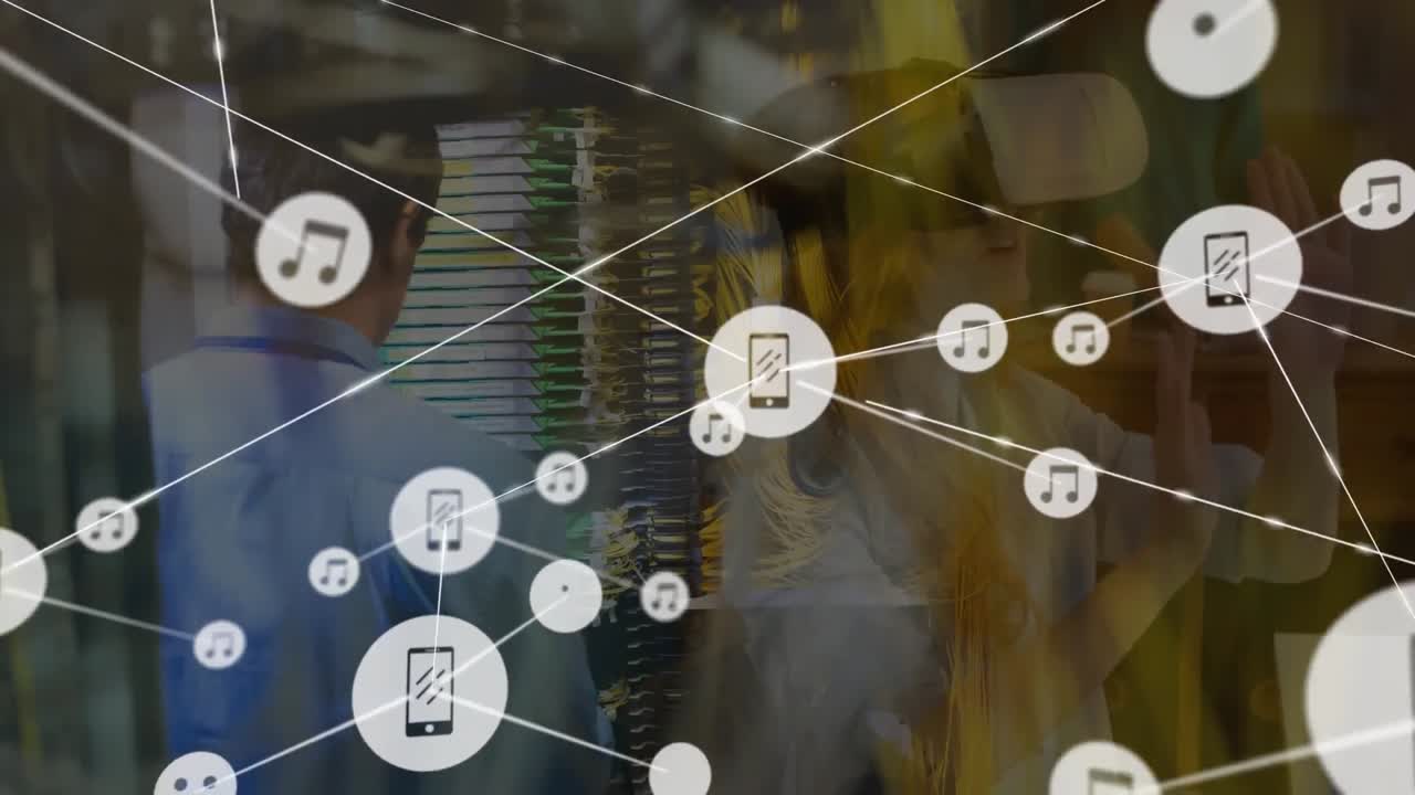 animación de una red de iconos digitales sobre una mujer caucásica que usa auriculares vr.