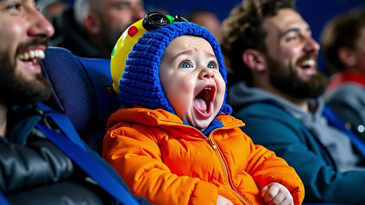 A small child in a blue hat and orange jacket laughing in a crowd of people