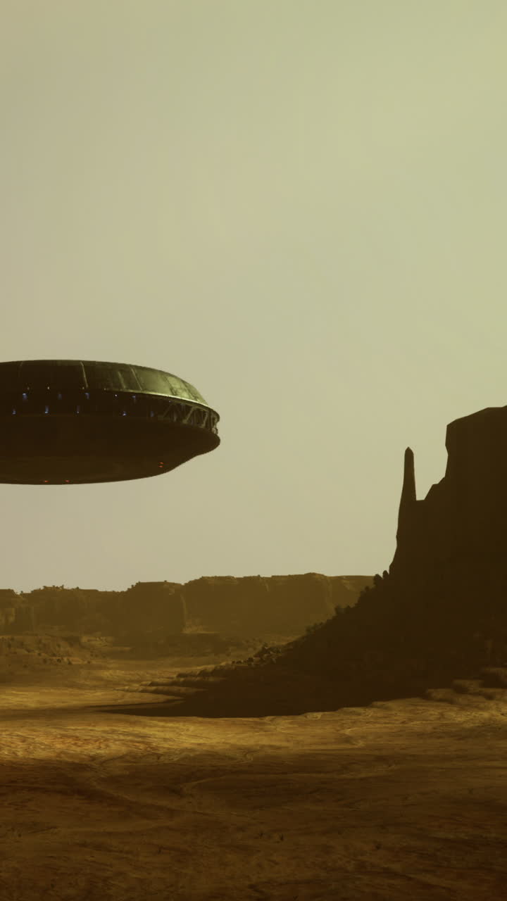 Ufo hovers over rocky landscape under bright sky during evening time