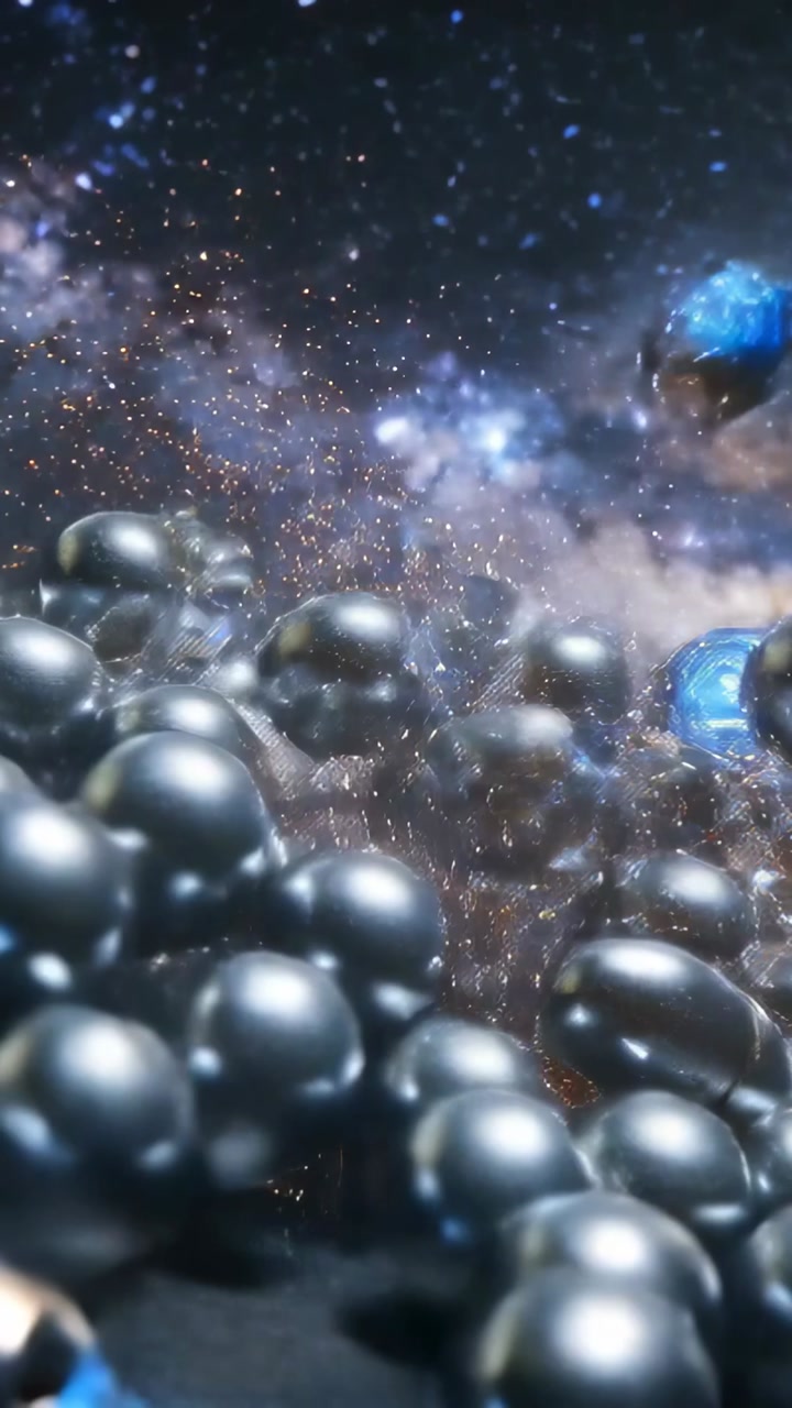Vertical video: Drifting blue capsules spawning metal spheres, piling onto metal table, nebula