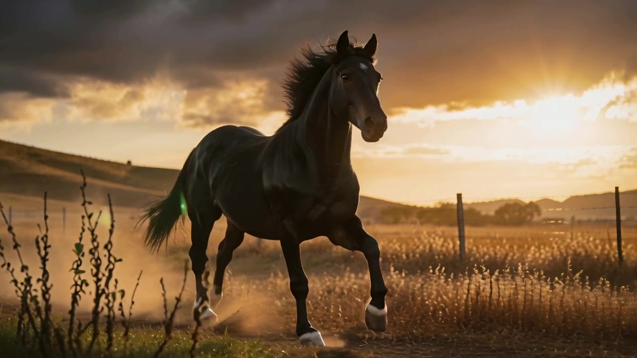 Cavallo dal manto scuro che corre, riducendo la distanza su una pista polverosa e lungo una recinzione al tramonto, sollevando polvere.
