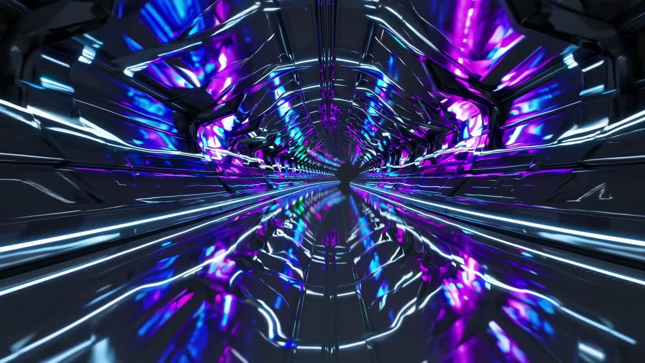 Tunnel futuristico con luci blu e viola intense, che mostra una sequenza di movimento dinamica attraverso una superficie riflettente, creando un'esperienza visiva coinvolgente di movimento