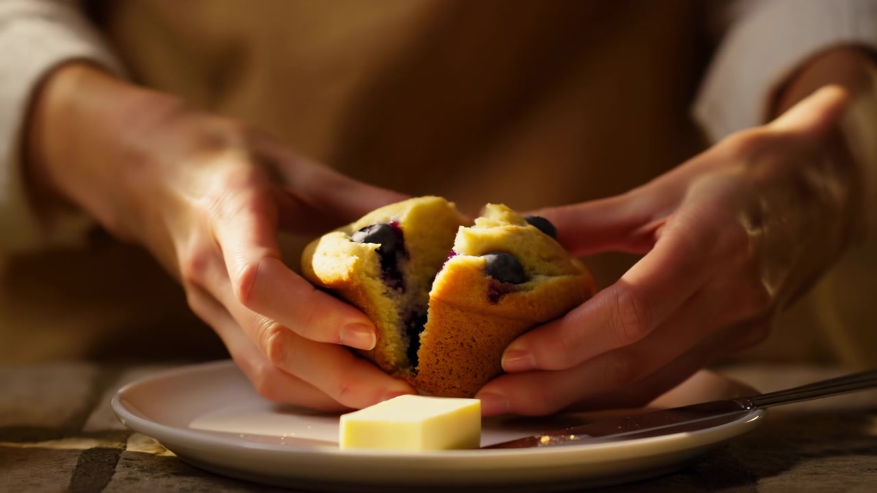 Mani che posano un muffin ai mirtilli su un piatto in una calda cucina mattutina, a metà della sequenza della colazione.