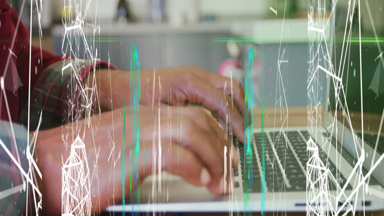 animación de pantallas de red de conexiones sobre la sección media del hombre usando portátil en la oficina