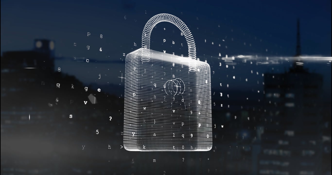 On digital padlock appearing, rotating while digits converging and streaming data showing security