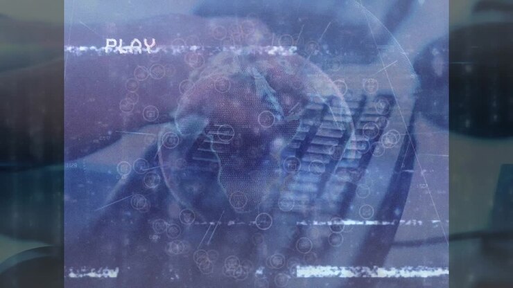 Animation of play digital interface over globe and person using computer keyboard