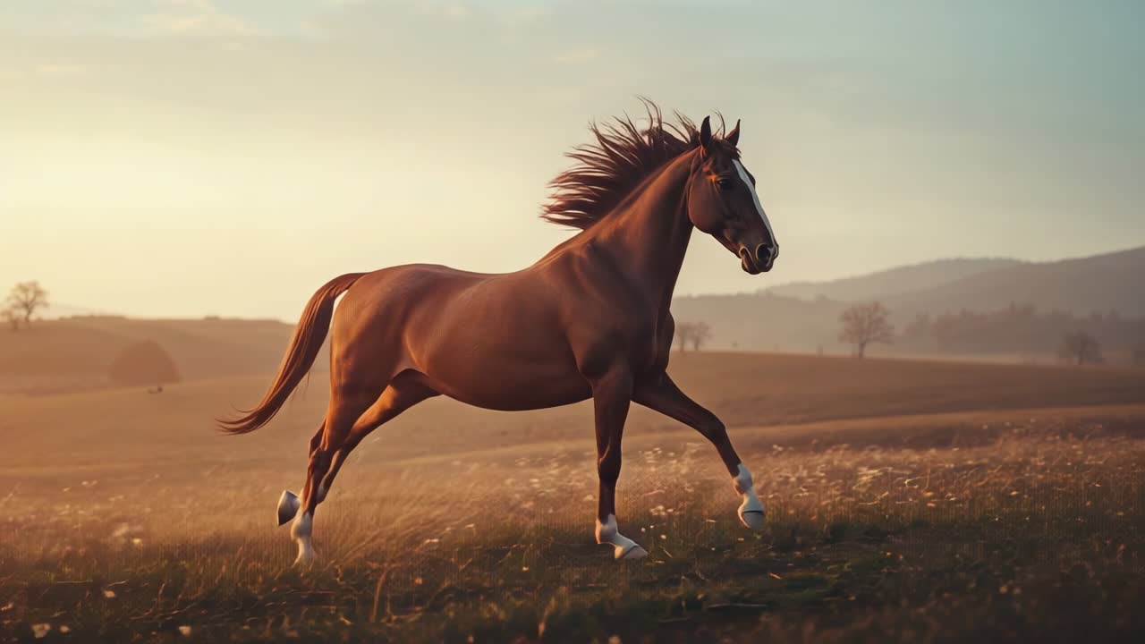 Trotting chestnut horse transitioning into canter then galloping across grassland with wildflowers