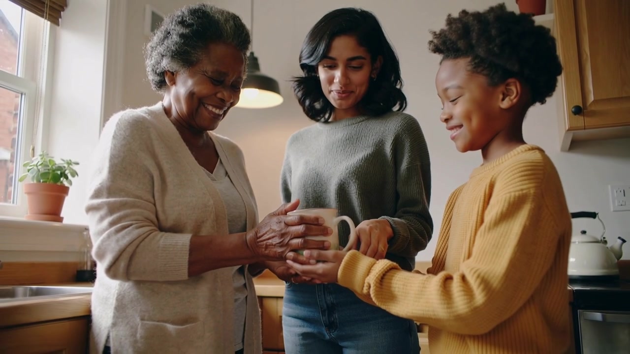 Handing kid offering mug, mom guiding, grandma taking it at kitchen in cardigan sharing warmth