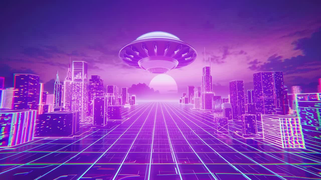 Futuristic cityscape with neon lights and a UFO, captured from a low-angle