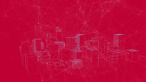 animación de puntos de conexión de red, contra la ciudad financiera urbana en 3d en la interfaz digital roja