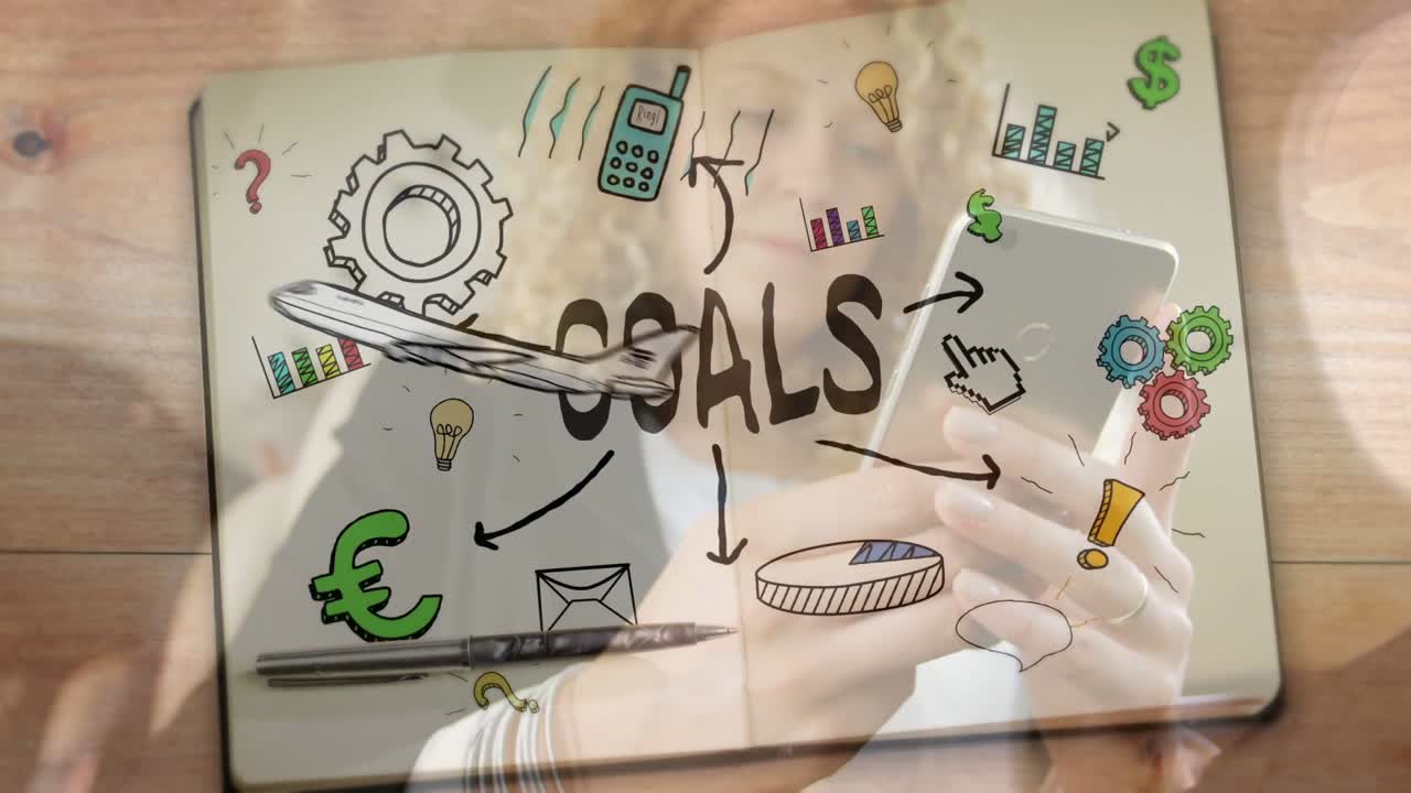 Woman holding phone over notebook, tapping and animating GOALS into charts, airplane for business