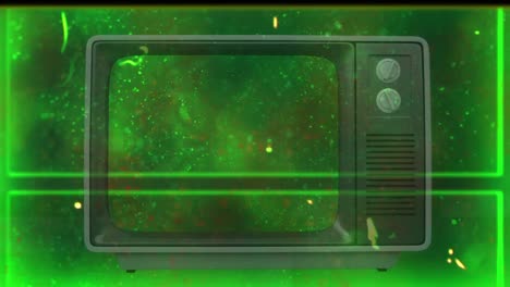 Animation-of-retro-tv-set-with-interference,-on-green-background