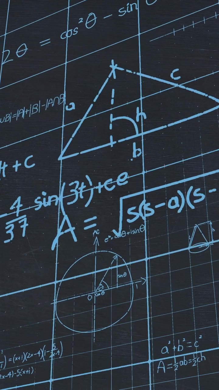 Animazione di equazioni matematiche che fluttuano su una rete a griglia su sfondo nero.