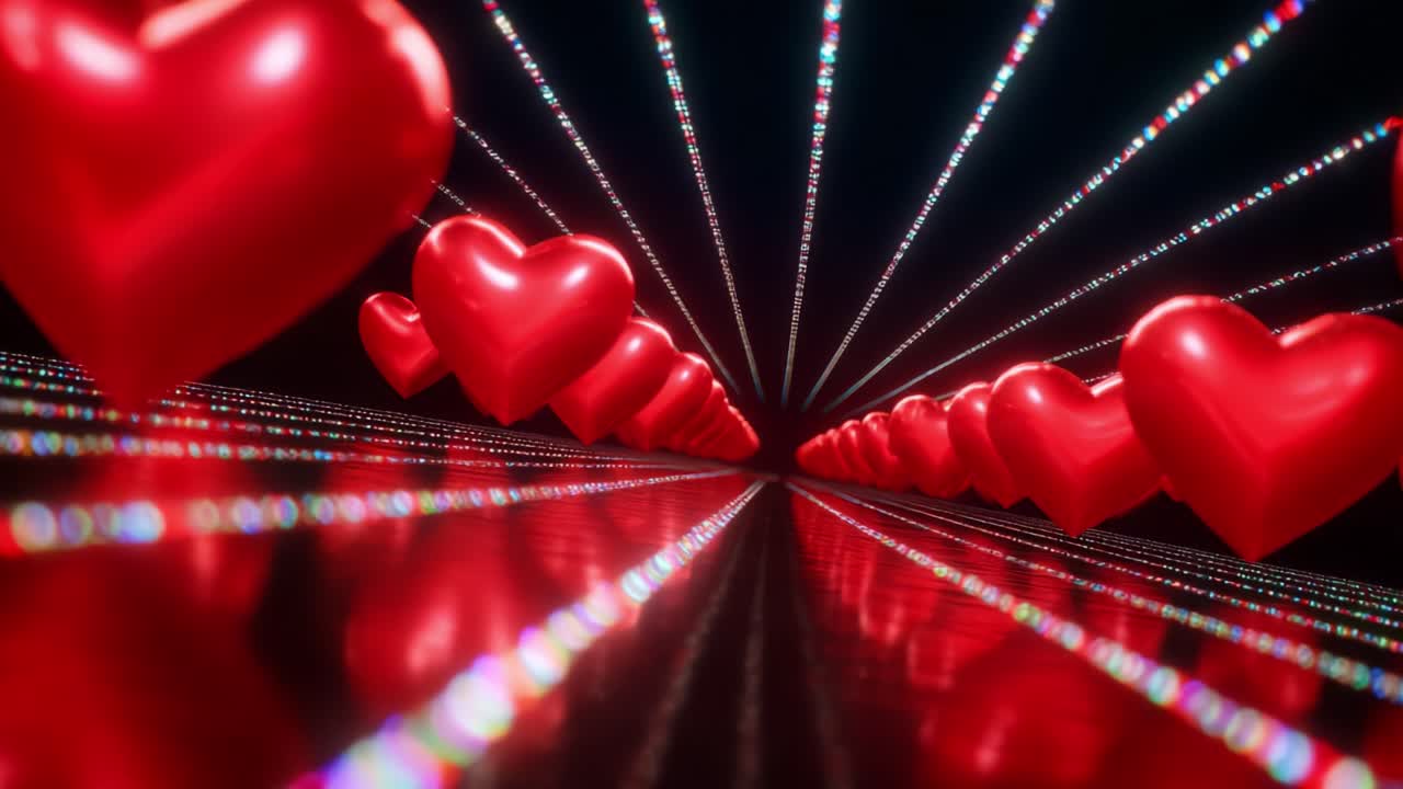 A mesmerizing tunnel of floating red hearts leads the eye into an endless vibrant expanse, illuminated by shimmering lights and reflections, creating a romantic and enchanting atmosphere that captivates the viewer
