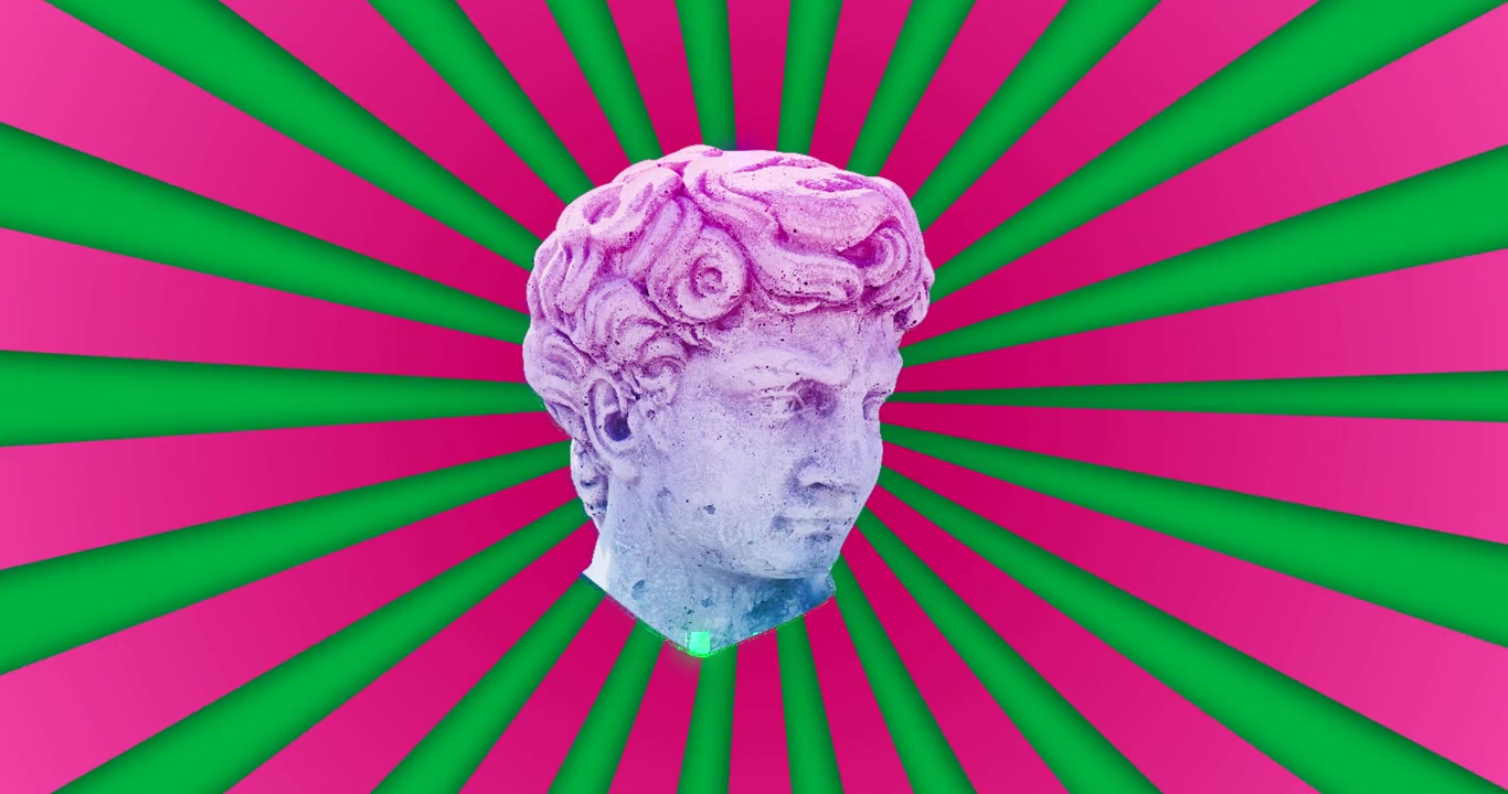 Animazione di una scultura di testa che si muove su strisce rosa su sfondo nero.