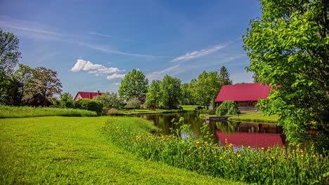 time lapse shot of beautiful sunny day with blue sky over natural lake and green meadow in countryside farm