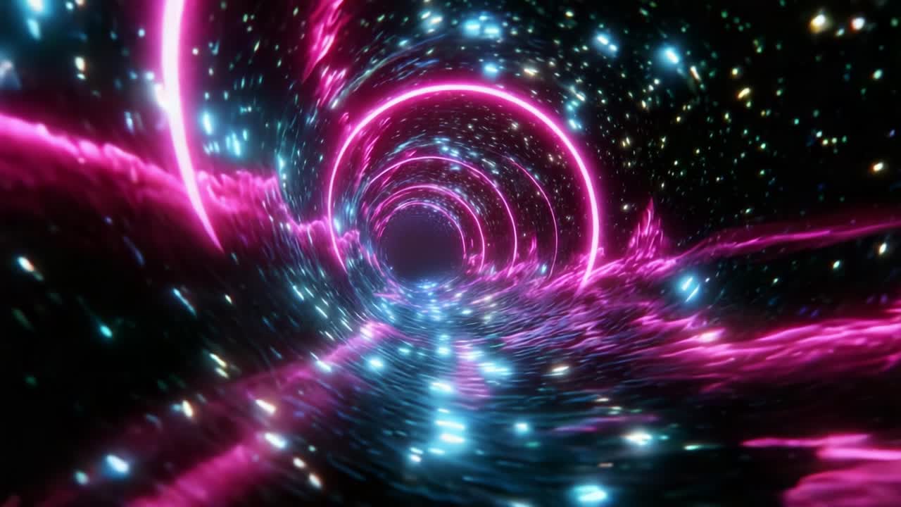 An Abstract Journey Through a Luminous Cosmic Tunnel: A Visual Exploration of Vibrant Neons and Glimmering Stars That Captivates the Imagination With Its Hypnotic Patterns and Infinite Depths