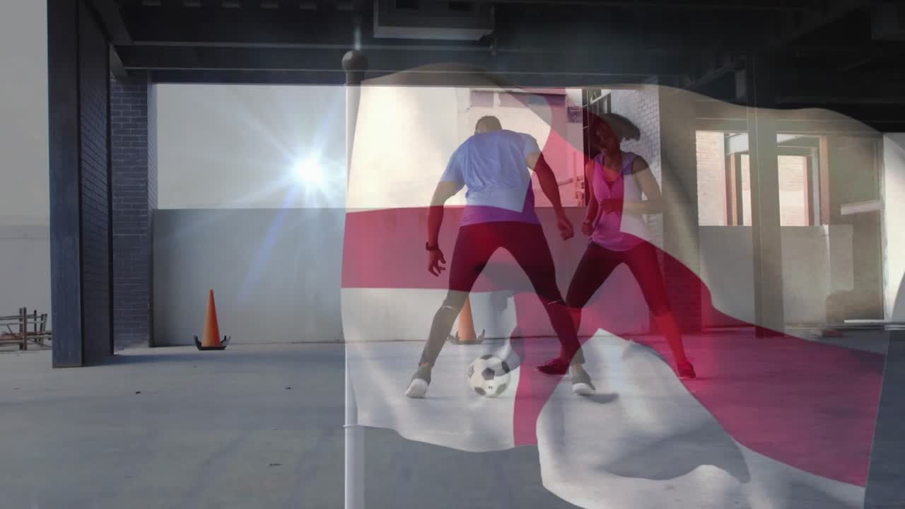 Player duo training 1v1 soccer, attacker dribbling, defender tracking, flag drifting over players