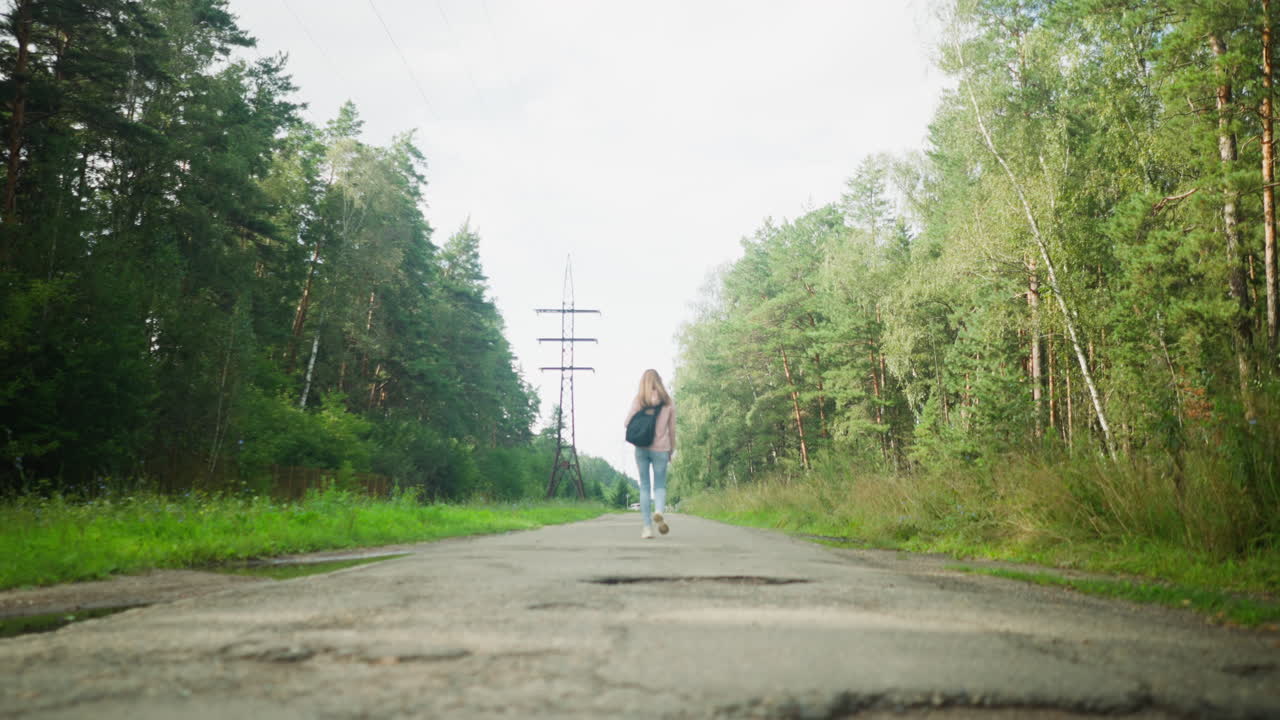 Woman walking in distance on quiet rural tarred road with visible potholes, surrounded by green forest and overcast sky, creating a serene yet rugged atmosphere with power lines stretching ahead
