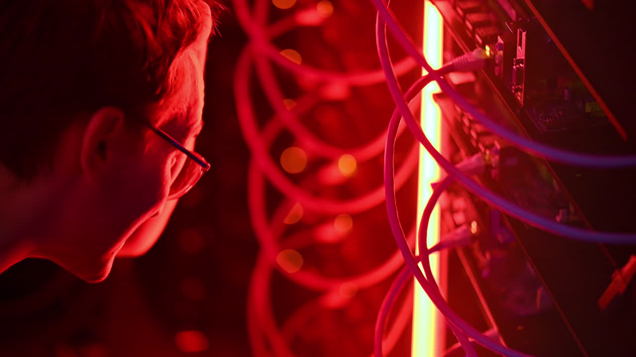 Close up of a man panicking in a server room with flashing red lights