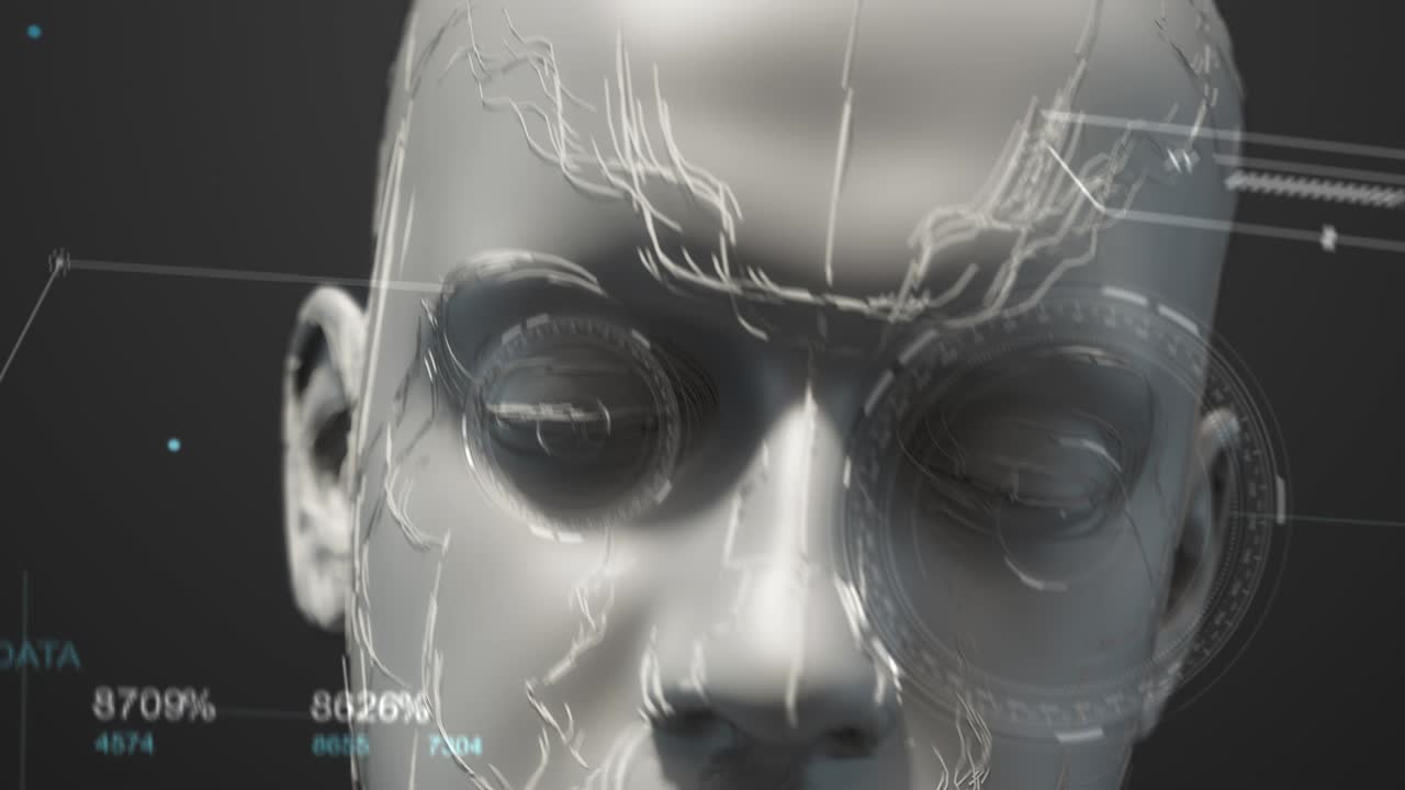 un robot biónico avanzado mueve su cabeza al azar con datos de hud.