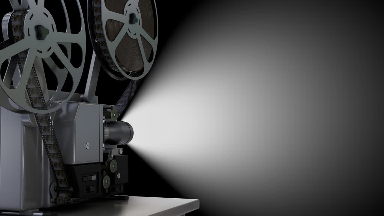 pantalla de proyector vacía y carrete de película giratorio con película en el fondo negro