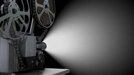 empty projector screen and spinning film reel with movie on the black background