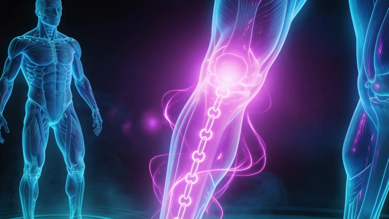 Camera zooming right lower limb glowing and showing magenta chain, knee glow, spiral energy demo