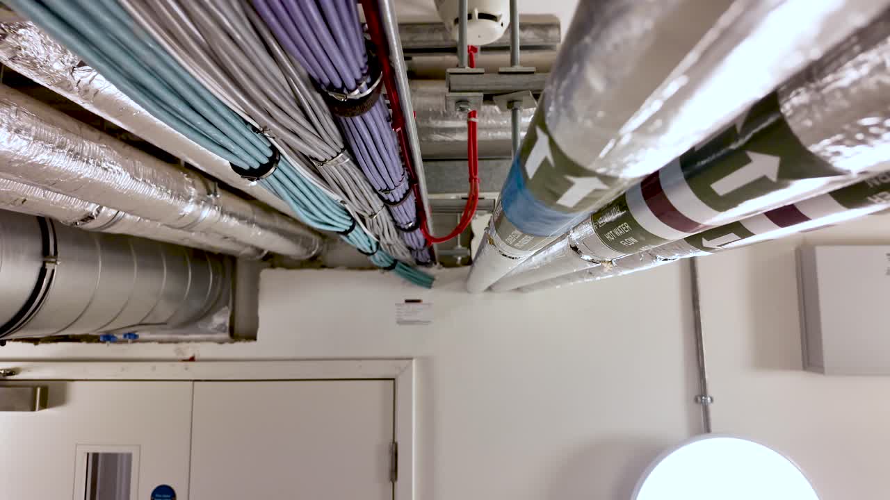 Ceiling utilities with insulated pipes and multicolored cables across a clean industrial corridor for infrastructure