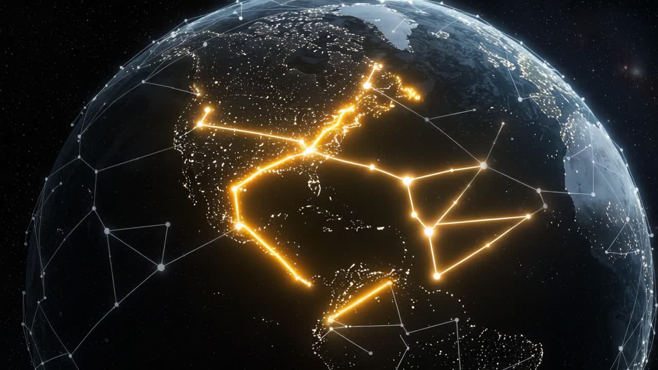 Illuminated Network of Earth: A Captivating View of the Globe Showcasing Bright Connectivity and Geographical Features in Two Dynamic Frames