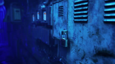 puerta de metal cerrada en un entorno oscuro e industrial