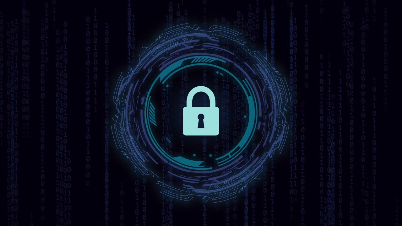 Digital lock symbol in blue with data stream background, data protection