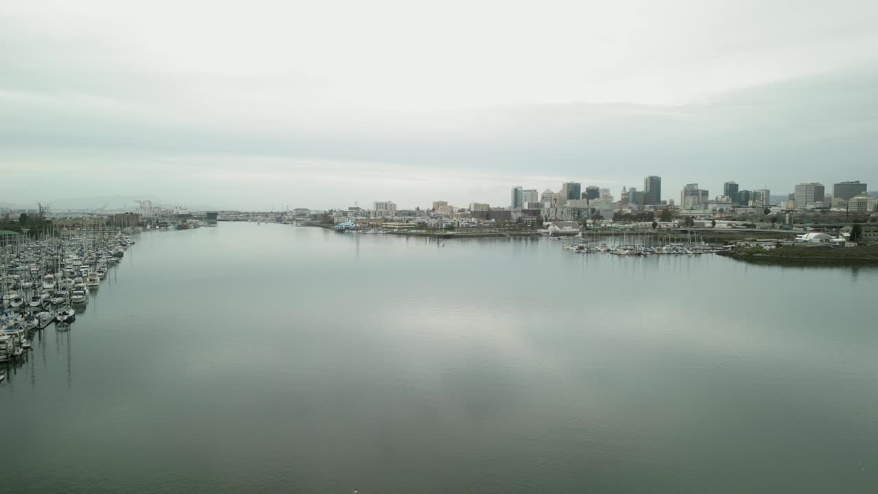 Stunning aerial views of Jack London Square's waterfront, highlighting the dynamic mix of urban and maritime landscapes in Oakland.