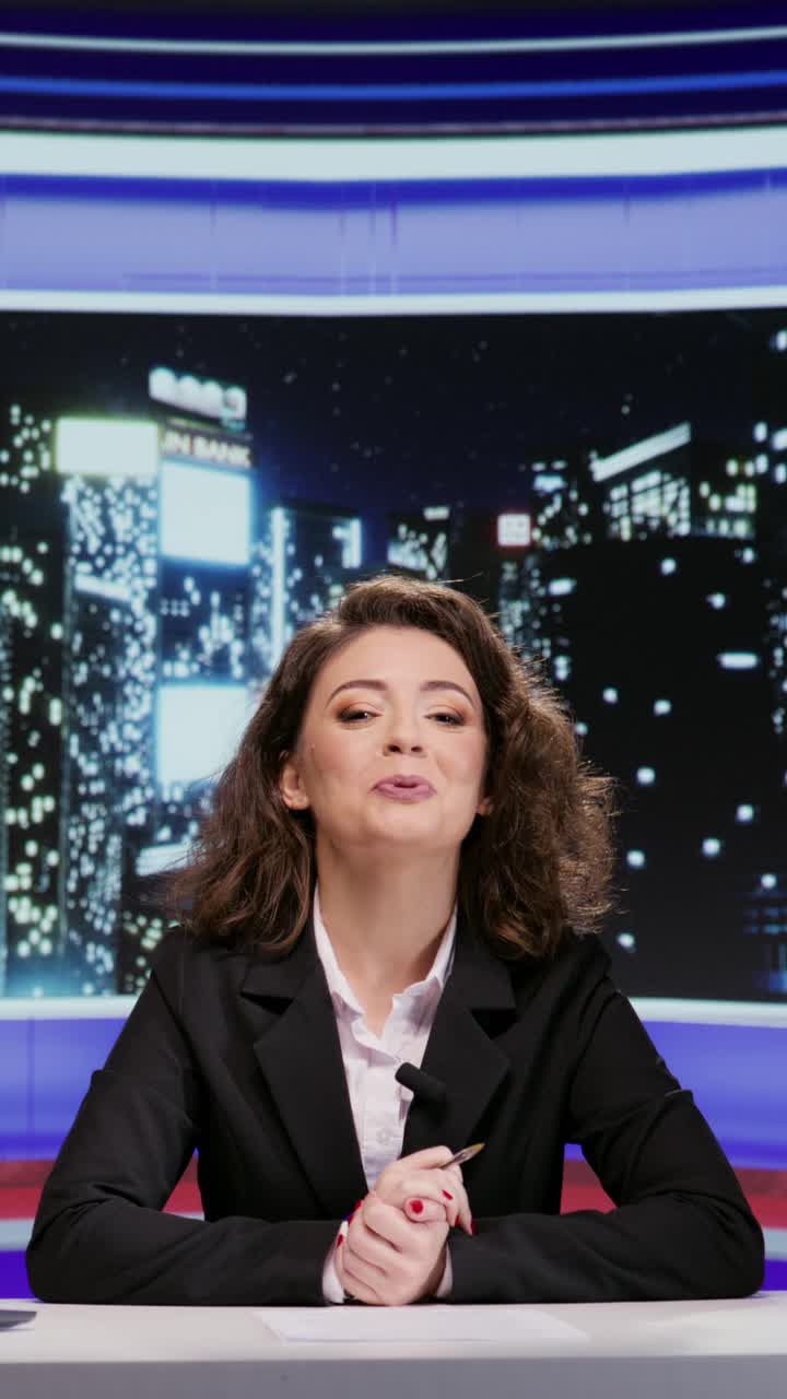 Vertical video Woman night talk show host going live