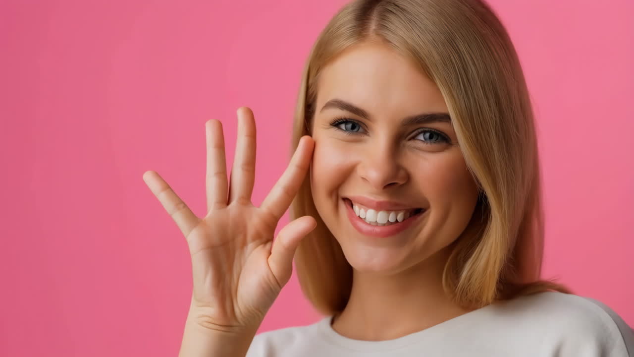 Smiling Blonde Woman Showing Her Palm on Pink Background