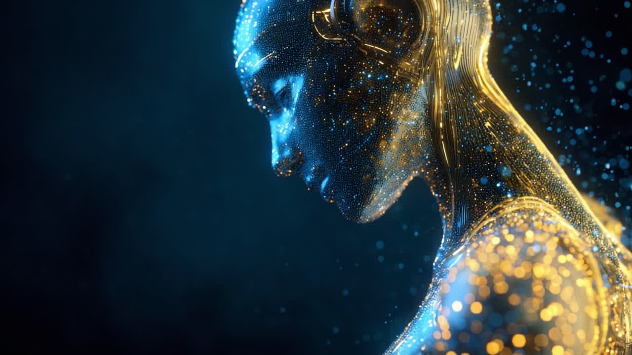 A Stunning Transformation: The Evolution of a Futuristic Female Form Blending Technology and Artistry in a Dazzling Display of Light and Texture