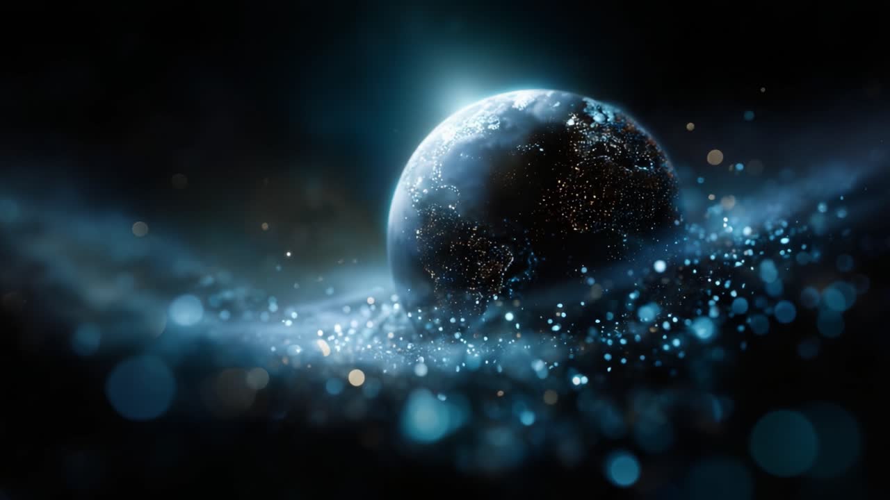 A Mesmerizing View of Earth Surrounded by a Celestial Background Filled with Glowing Particles and Soft Light in a Cosmic Setting of Infinite Depth