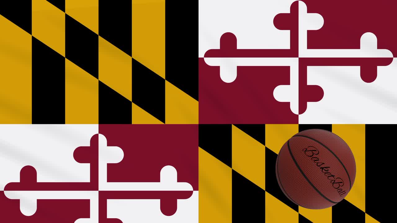 la bandera de maryland agitando y la pelota de baloncesto girando, bucle