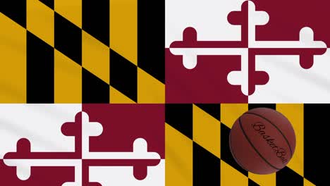 maryland flag waving and basketball ball rotates, loop