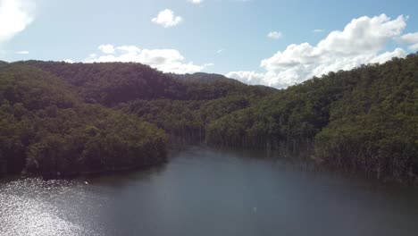 Volando-Sobre-El-Agua-Hacia-Un-Bosque-Y-Colinas