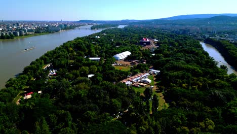 Aerial-View-Of-Stage-During-Sziget-Festival-In-Óbuda-Island,-Budapest,-Hungary---drone-shot